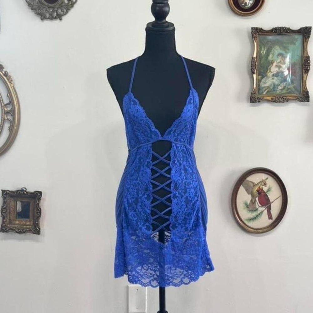 Seduction Blue Lace Lace-Up Babydoll Lingerie Slip – Sheer Mesh XL